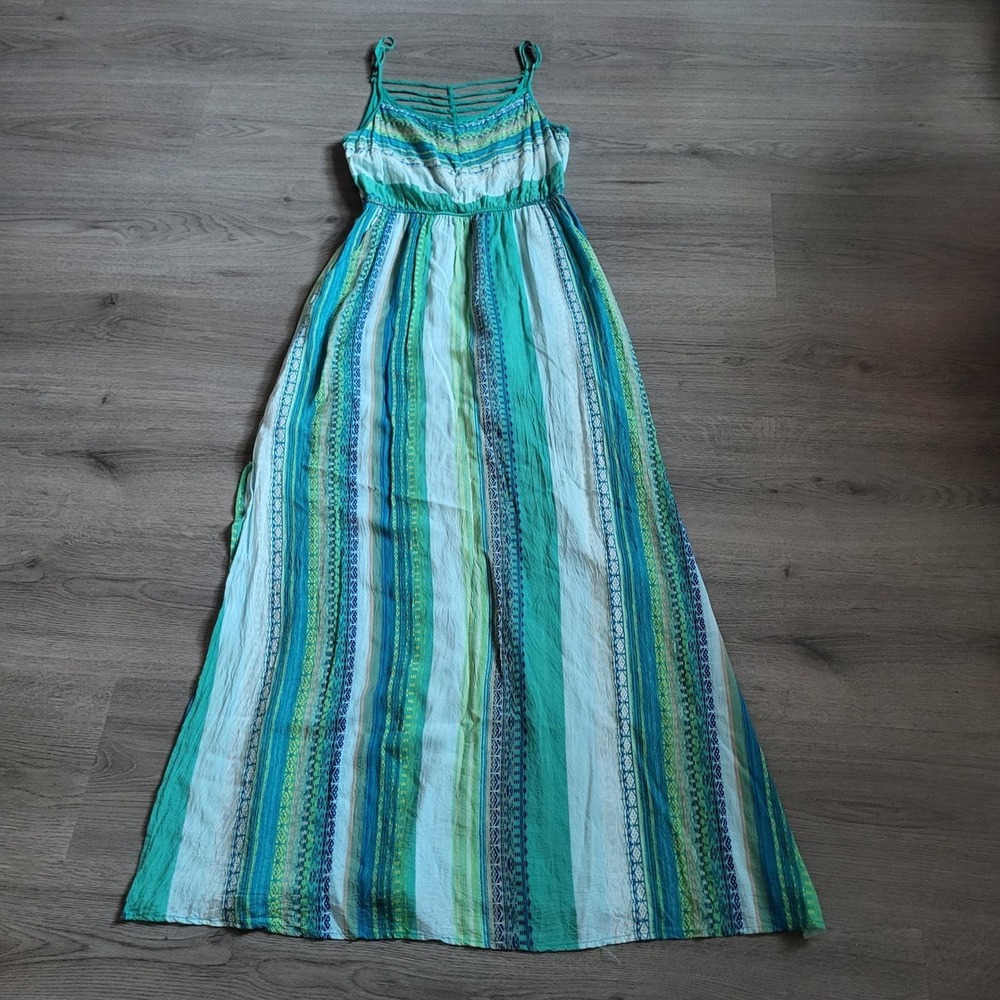 Teal Green Blue Striped Maxi Dress size Small Boho Sleeveless Slit‎ Pockets